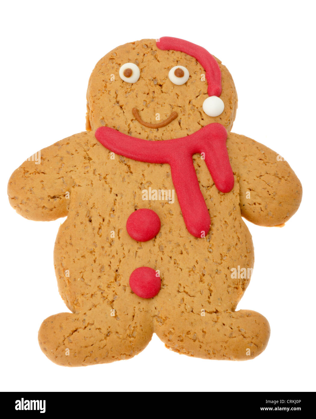Gingerbread man with a Christmas red hat and scarf - studio shot with a white background Stock Photo