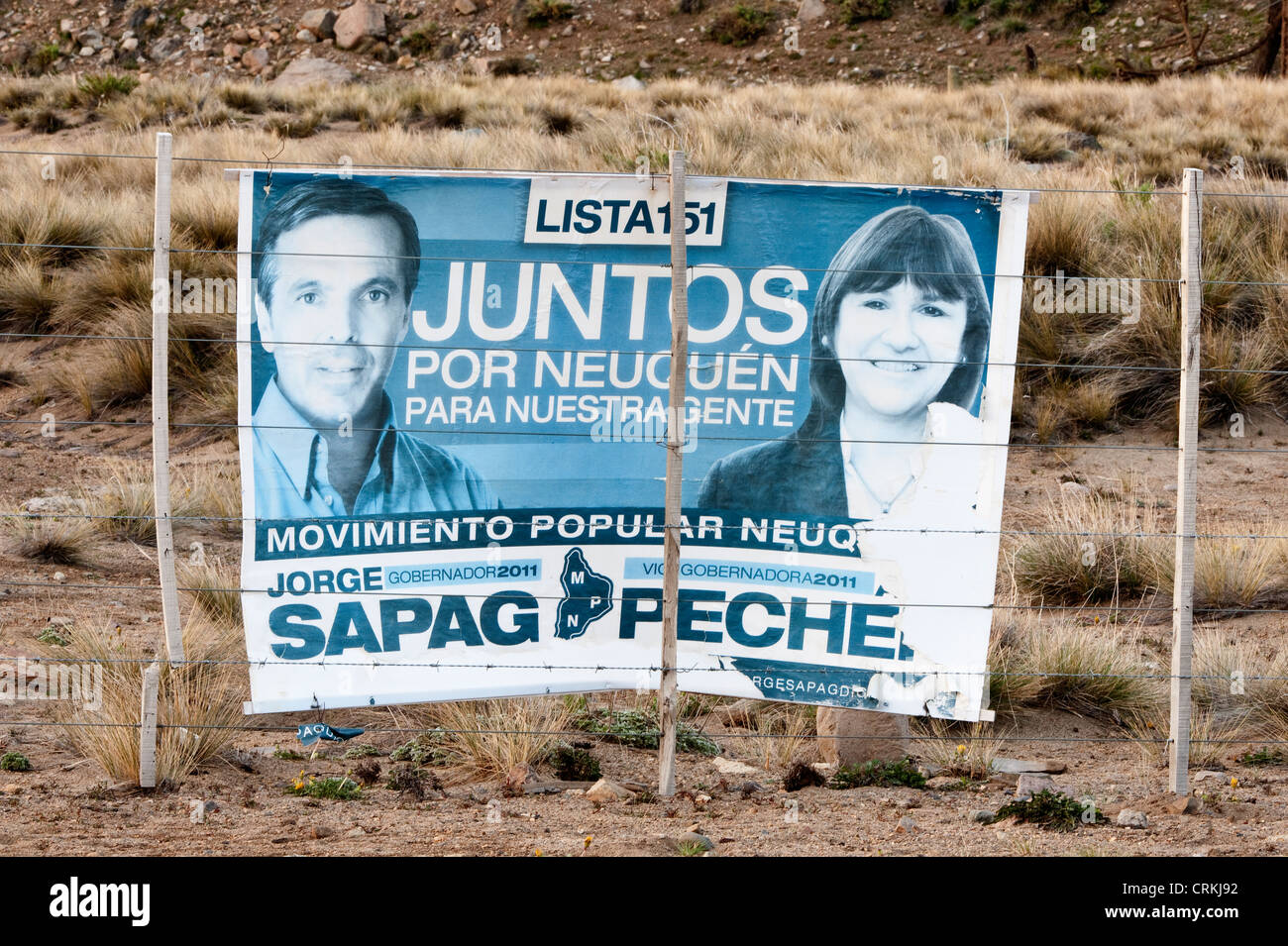 Election poster Road 13 from Villa Puhuenia to Zapala Neuquen Argentina South America Stock Photo