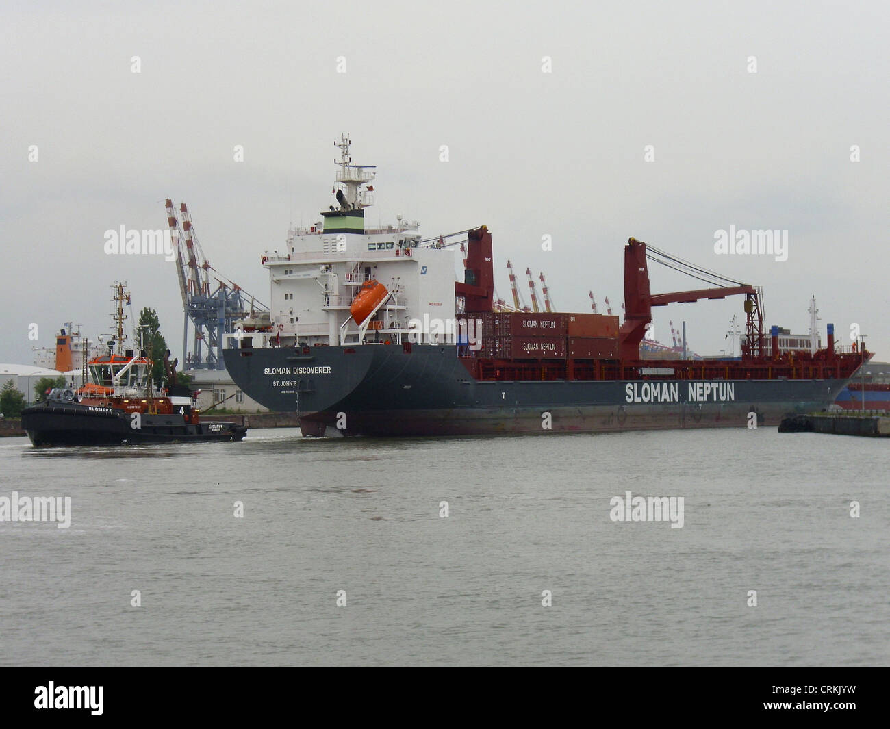 The cargo ship '''Sloman Discoverer''' in the port of Bremerhaven Stock Photo