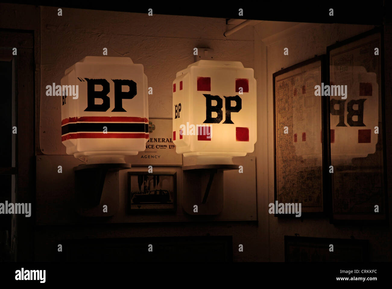 Illuminated BP Petrol Pumps at the Lakeland Motor Museum, Backbarrow, Ulverston. Stock Photo
