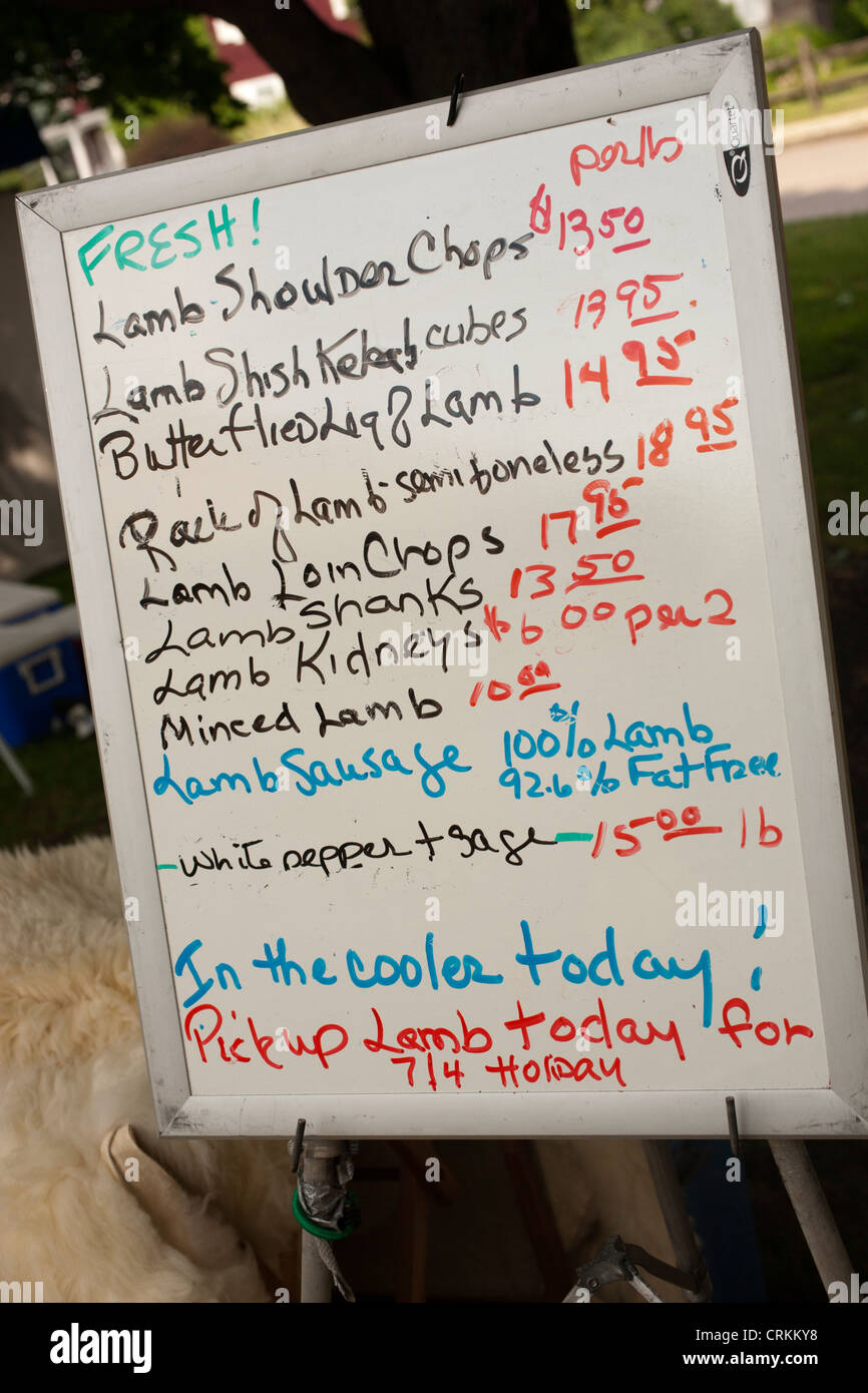 Price list at a farmer's market, Waterbury, Vermont, USA Stock Photo