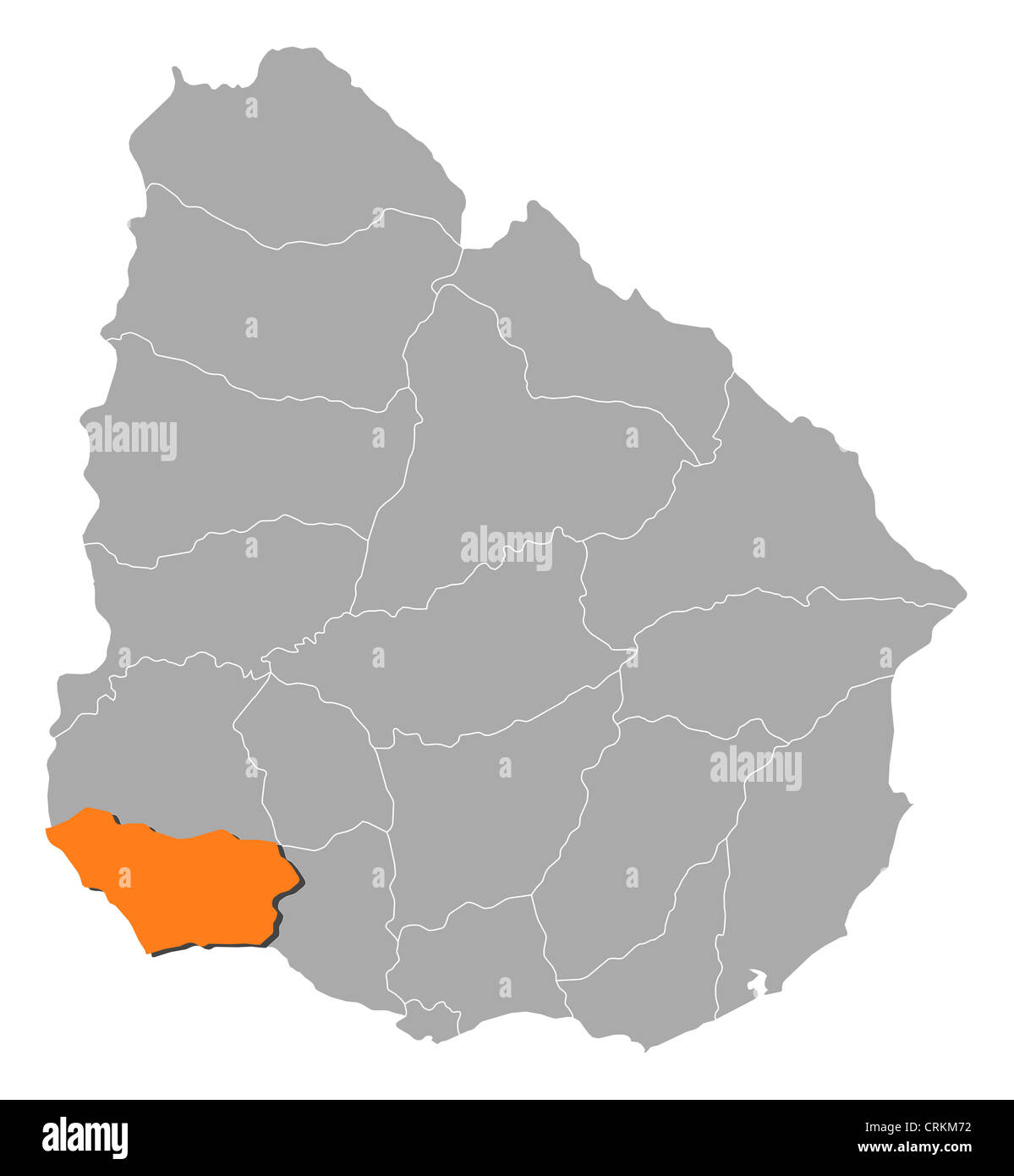 Political map of Uruguay with the several departments where Colonia is highlighted. Stock Photo