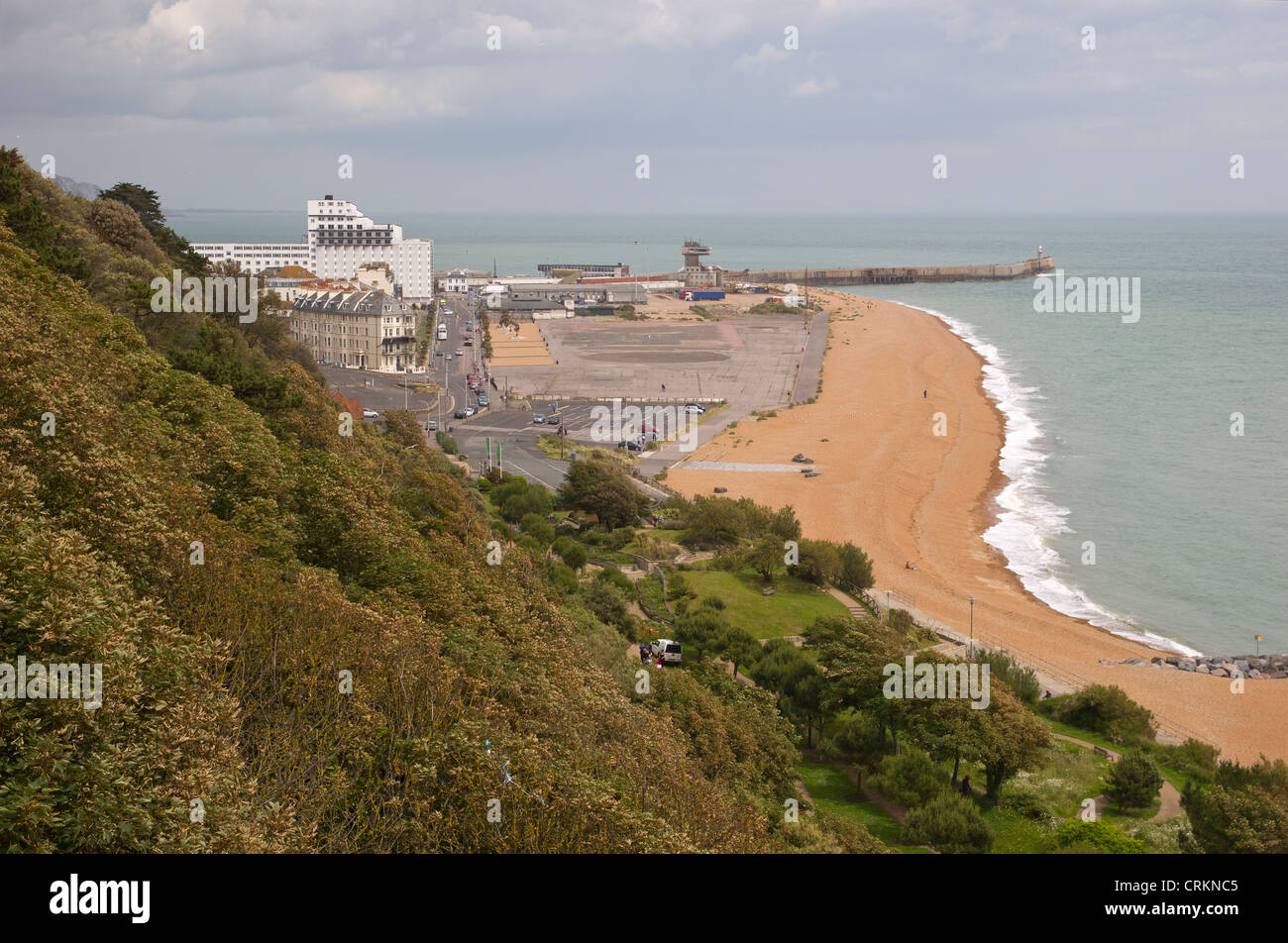 Folkestone Sea Front and harbour from The Leas. Grand Burstin Hotel on the left. Stock Photo