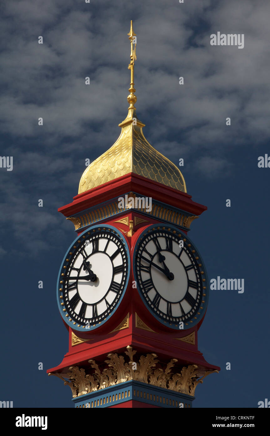 The freshly painted victorian Jubilee clock tower on Weymouth seafront was erected in 1887 to mark fifty years of Queen Victoria’s reign. Dorset, UK. Stock Photo