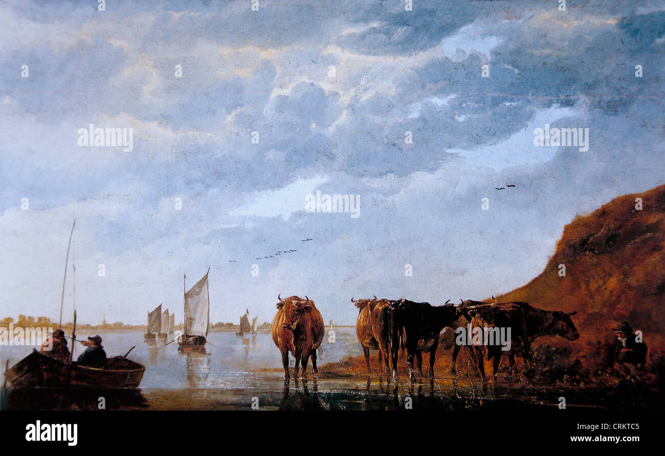Albert Cuyp - A Herdsman With Cows by a River Stock Photo