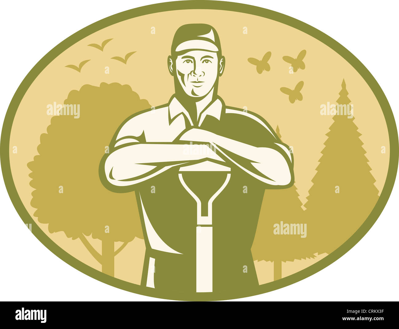 Retro illustration of a gardener leaning on a shovel set inside an oval with trees and birds background Stock Photo