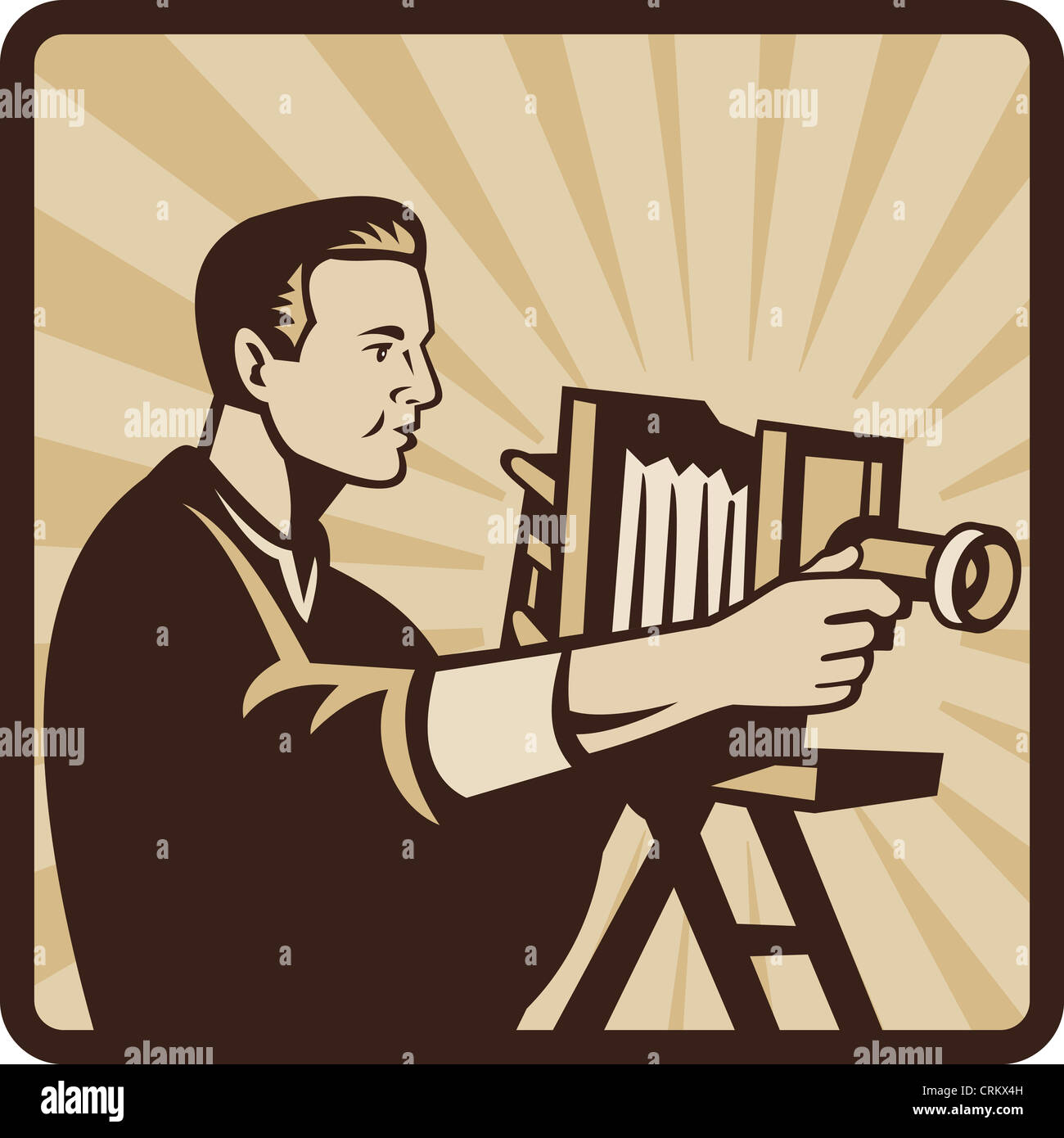 Illustration of a photographer shooting a vintage bellow camera viewed from side done in retro style set inside square. Stock Photo