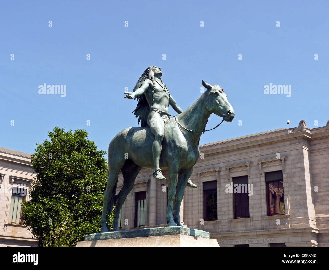 Native American statue on horse arms wide to the sky, Museum of Fine Arts, Boston MA, USA Stock Photo