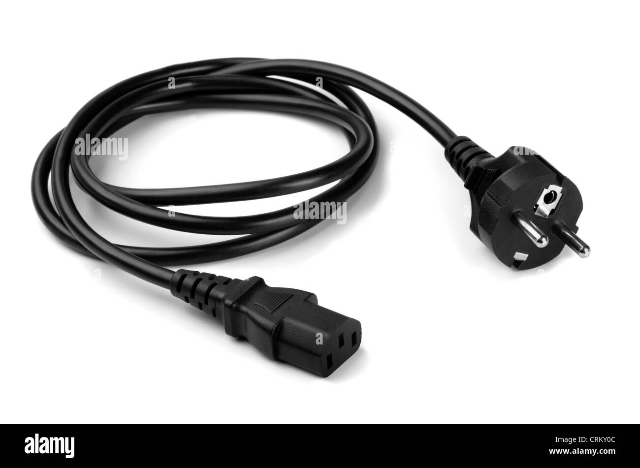 Black power cable with plug and socket isolated on white Stock Photo