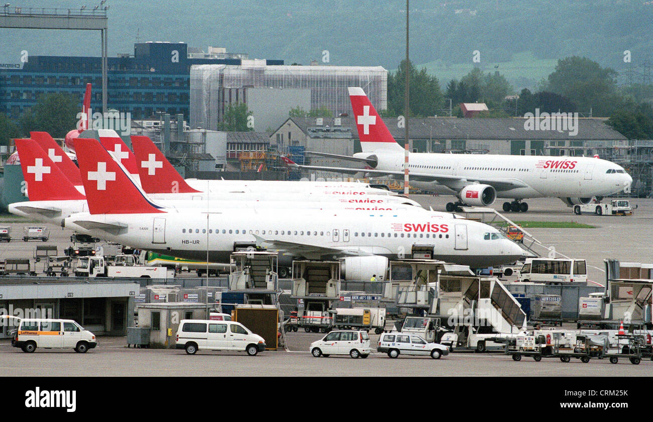 Aircraft of the Swiss Air Lines to their parking positions Stock Photo