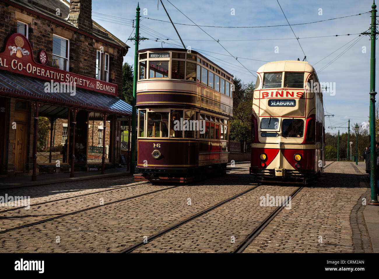 Trams on the Main Street, Beamish Open Air Museum, County Durham Stock Photo