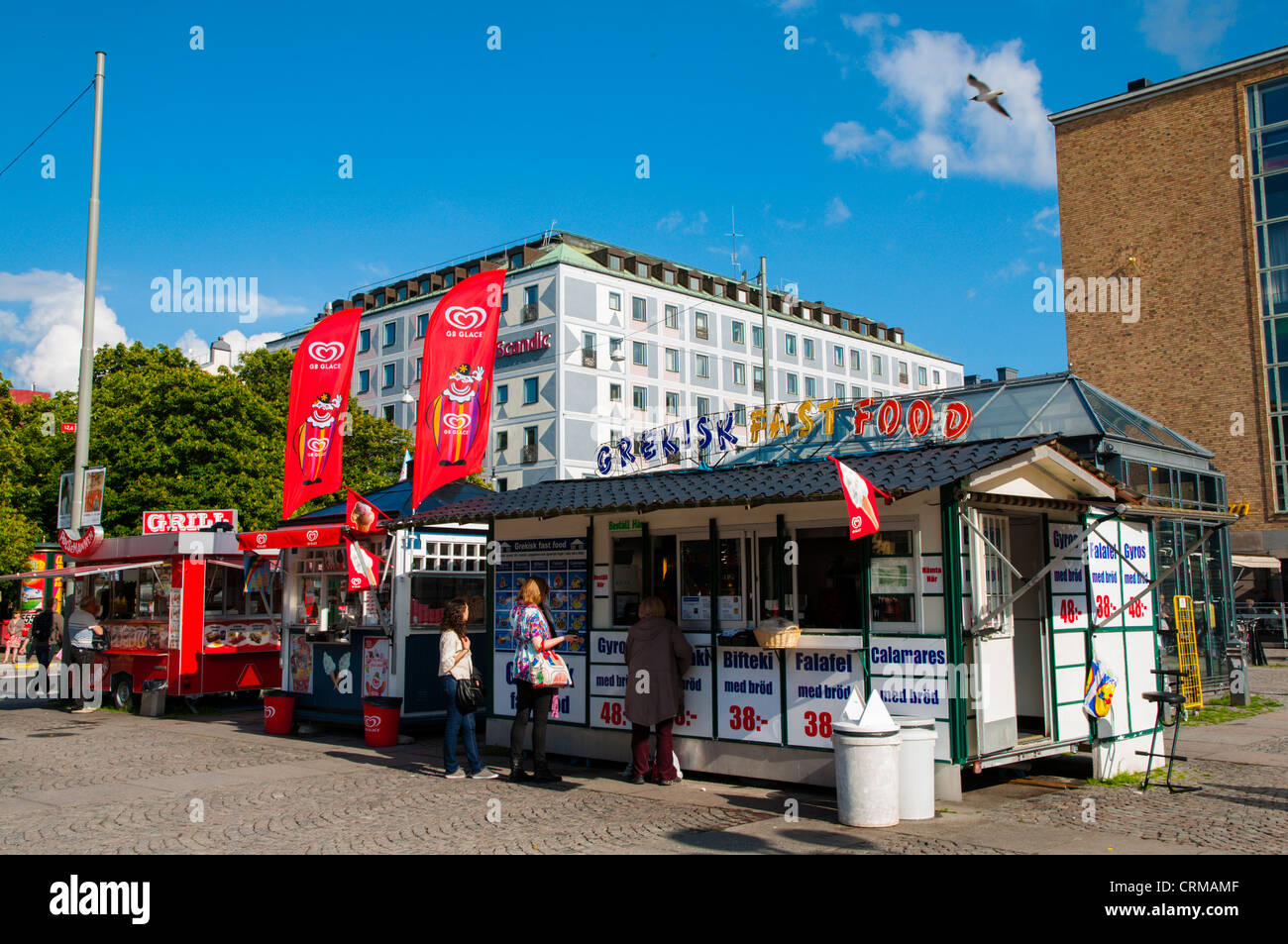 Fast food kiosks at Medborgareplatsen square Södermalm district Stockholm Sweden Europe Stock Photo