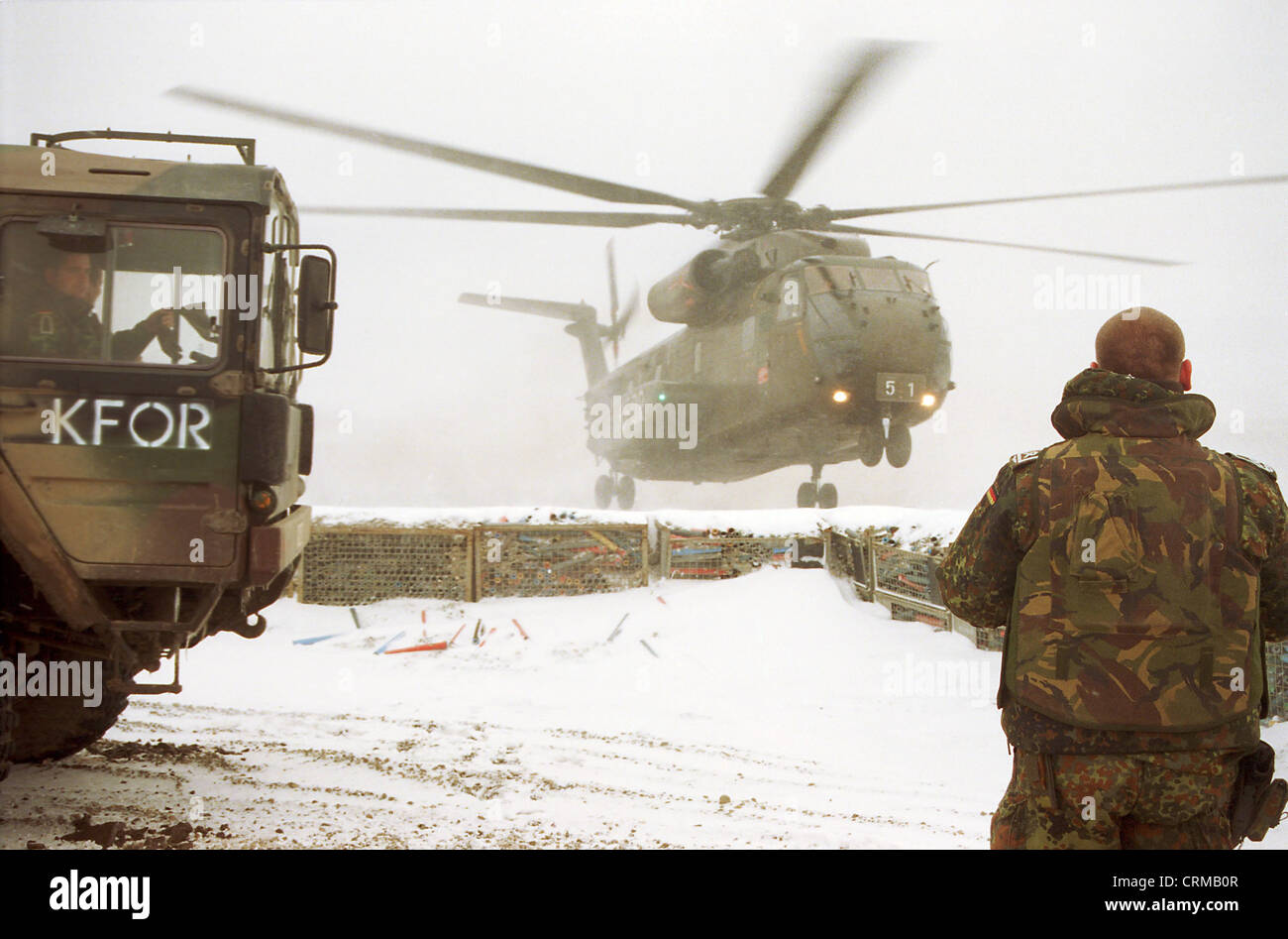 Bundeswehr helicopter lands in Prizren, Kosovo Stock Photo
