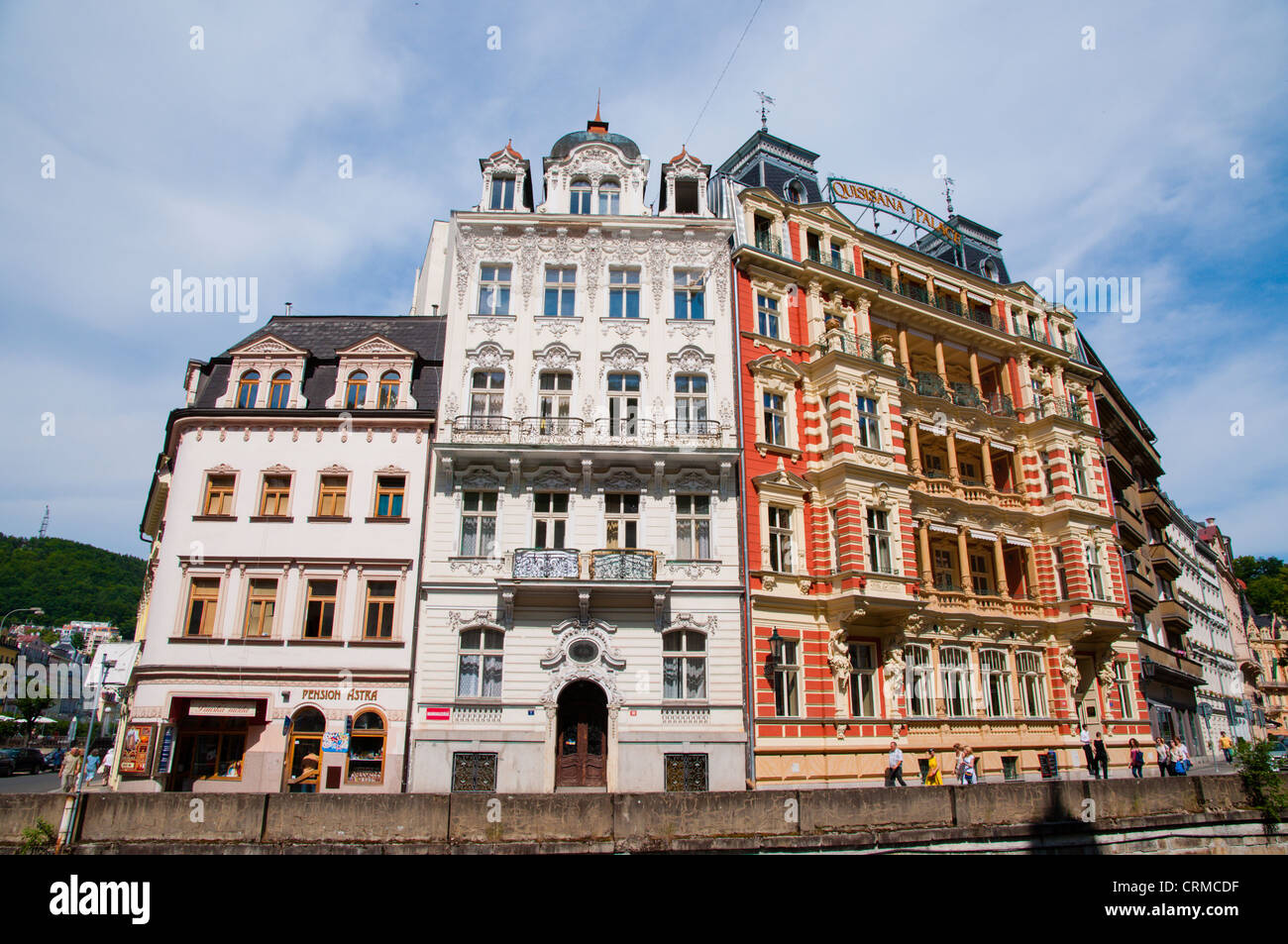 Houses along Marianskolazenska riverside street Karlovy Vary spa town Czech Republic Europe Stock Photo