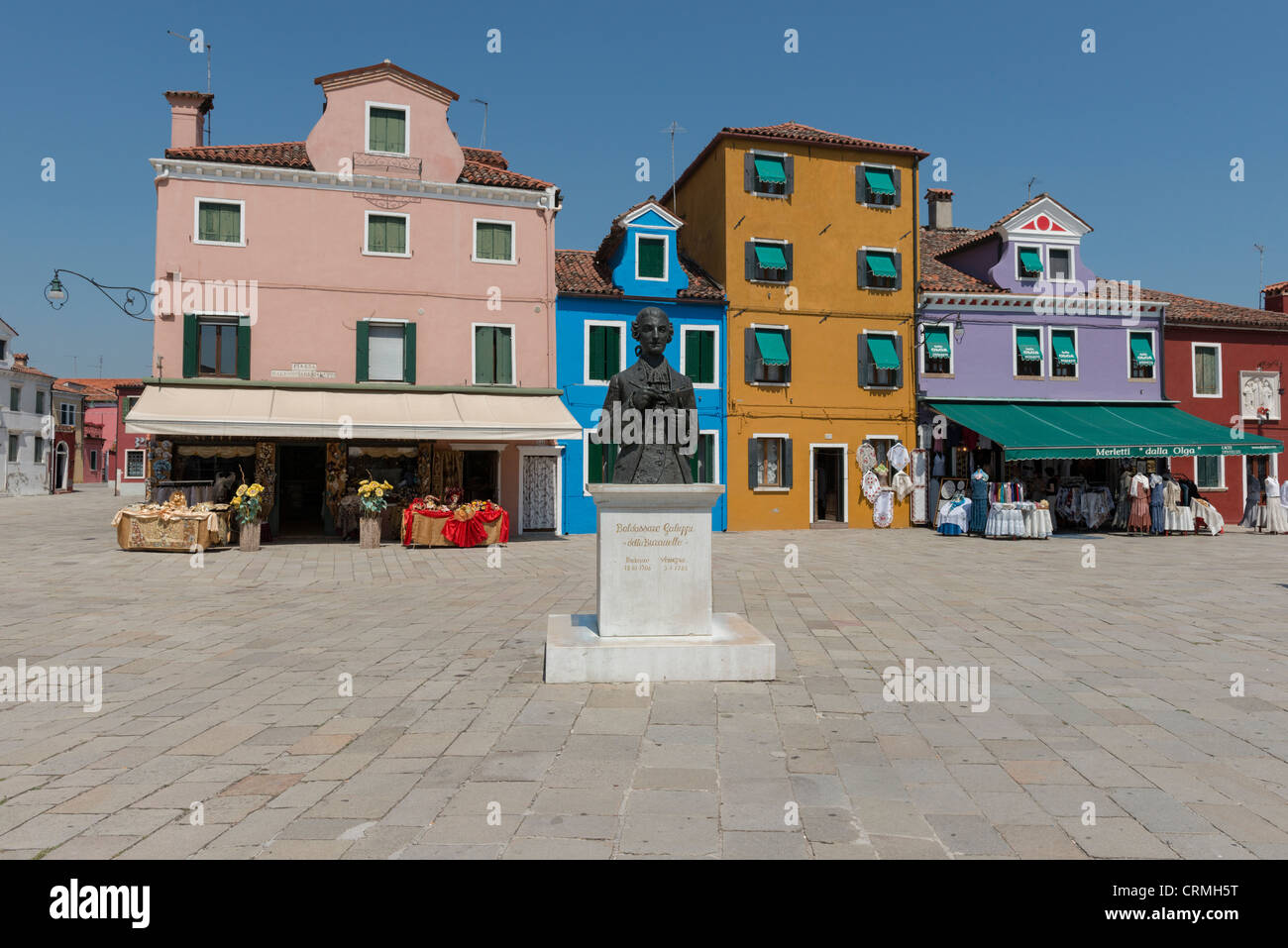 Piazza Baldassare Galuppi in Burano. Burano island in Venice Lagoon famous for colourful painted buildings and houses Stock Photo