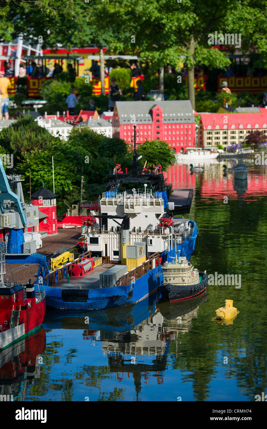 Floating Lego cargo ships at the port in Miniland, Legoland, Billund, Denmark Stock Photo
