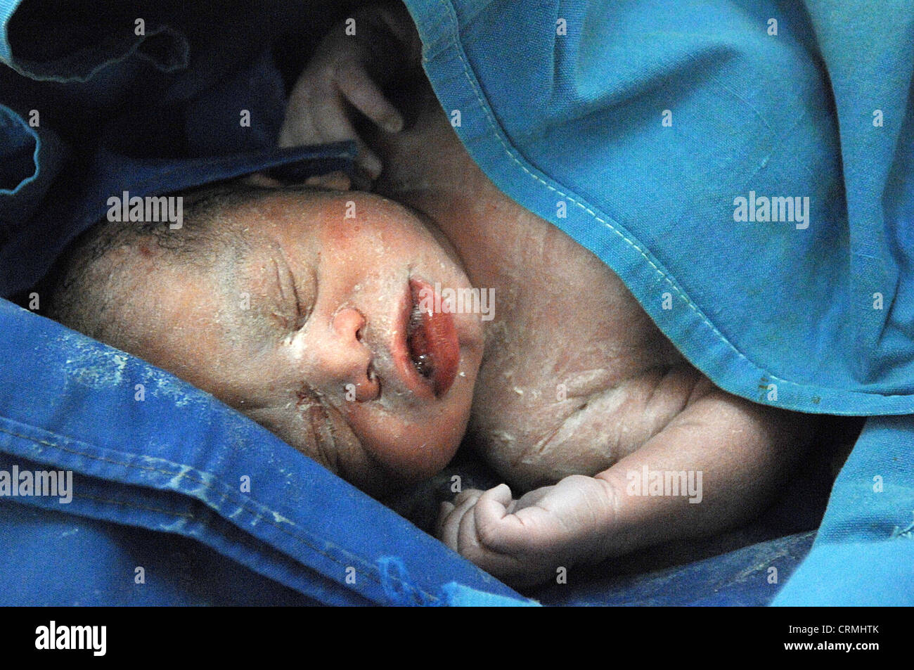 Close up of face of a new born baby soon after birth. Stock Photo