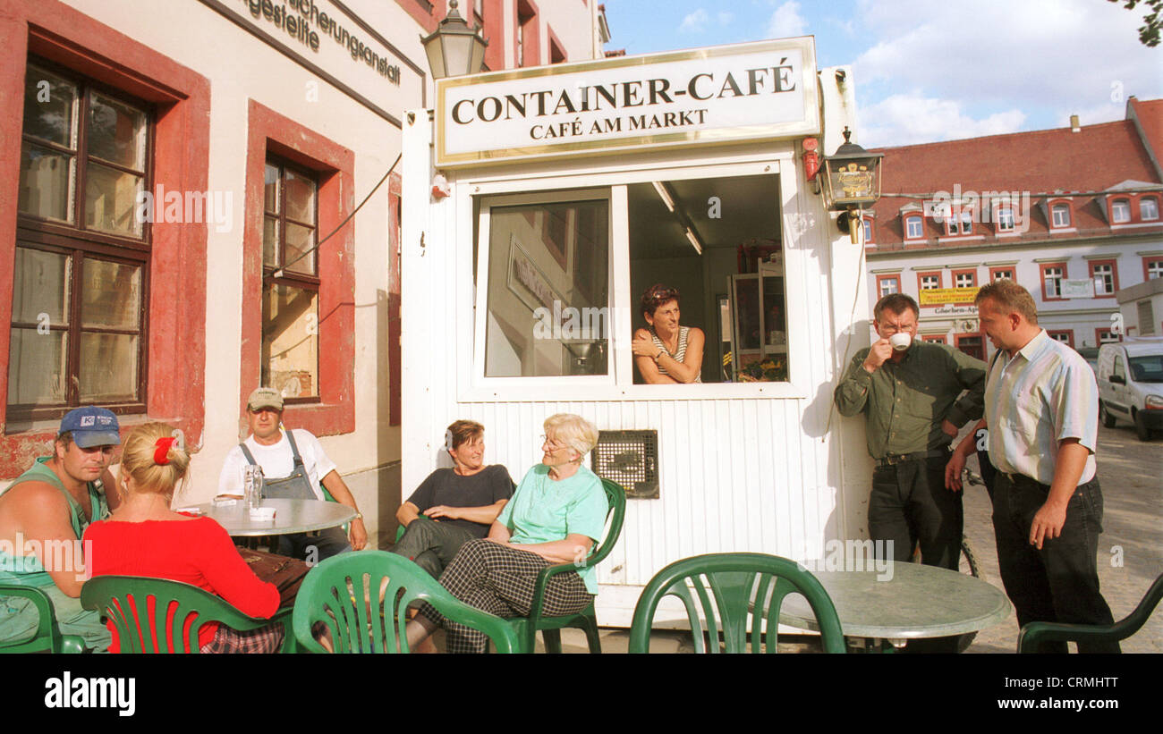 Temporary Cafe in Grimsby (Saxony) after the flood Stock Photo