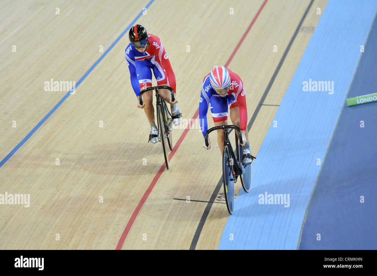 Jessica Varnish and Victoria Pendleton MBE in the Women's Team Sprint at the UCI Track Cycling World Cup, London 2012 Velodrome. Stock Photo