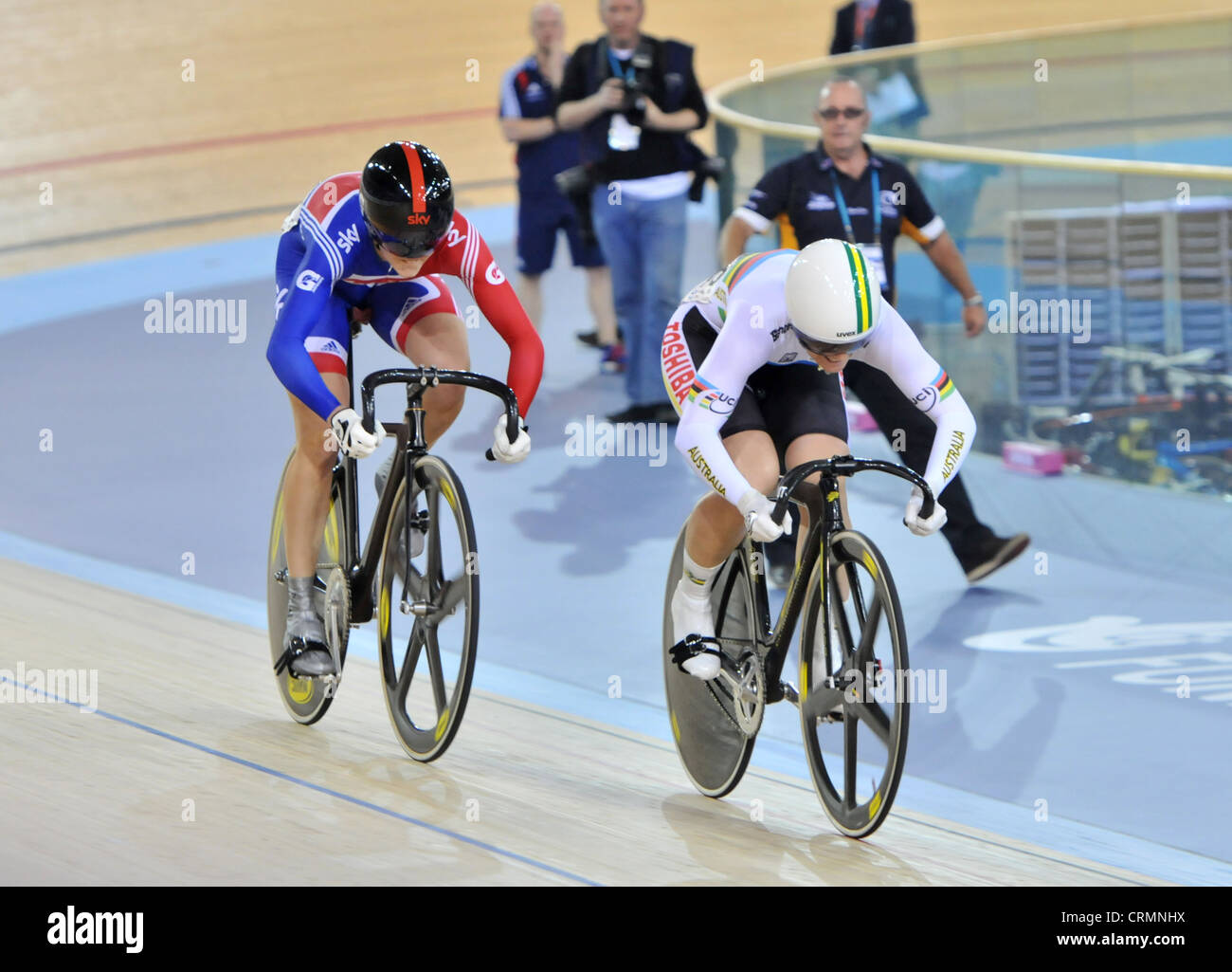 Victoria Pendleton MBE and Anna Meares in the Women's Sprint at the UCI Track Cycling World Cup, 2012 Olympic Velodrome, London. Stock Photo