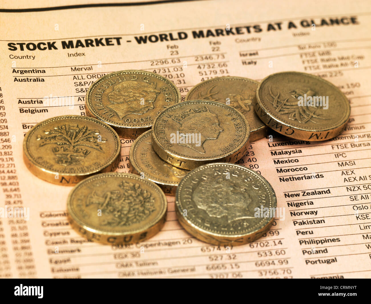 The stock market page of a newspaper with British pound coins Stock Photo