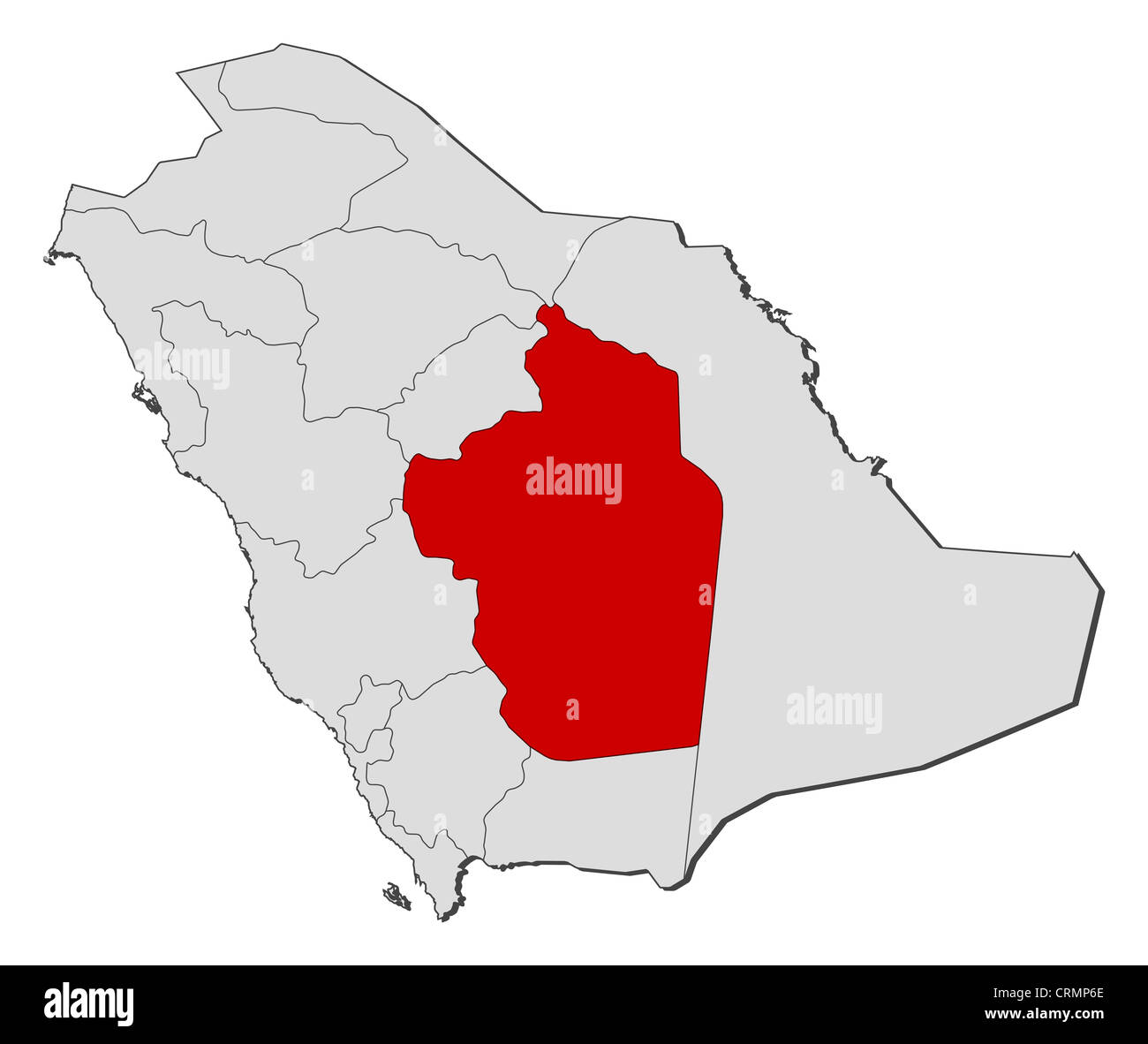 Political map of Saudi Arabia with the several provinces where Riyadh is highlighted. Stock Photo