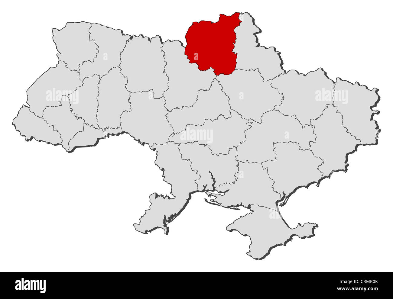 Political map of Ukraine with the several oblasts where Chernihiv is highlighted. Stock Photo