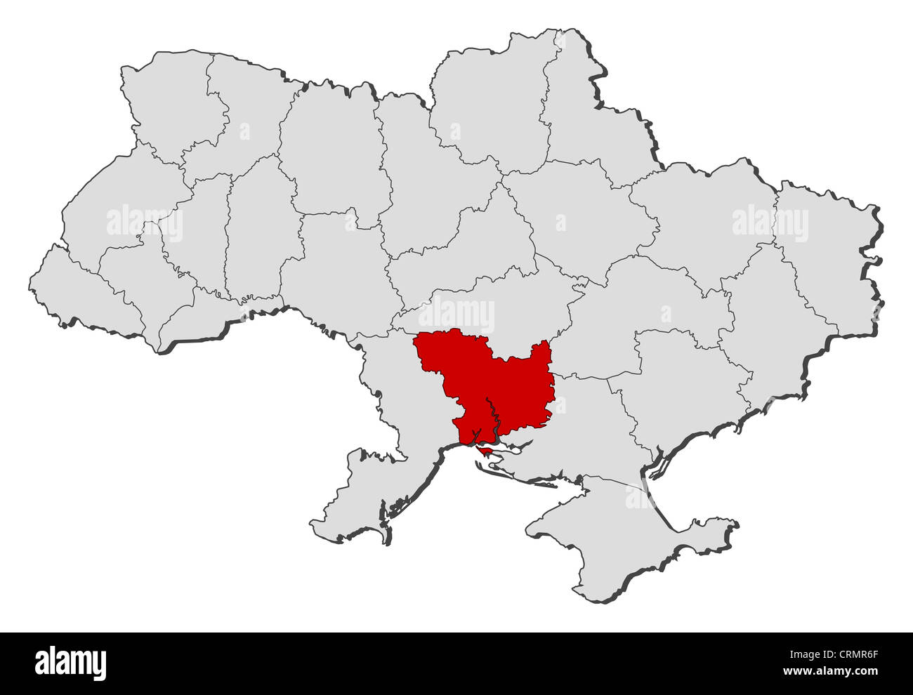 Political map of Ukraine with the several oblasts where Mykolaiv is highlighted. Stock Photo