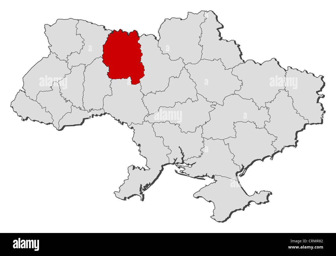 Political map of Ukraine with the several oblasts where Zhytomyr is highlighted. Stock Photo