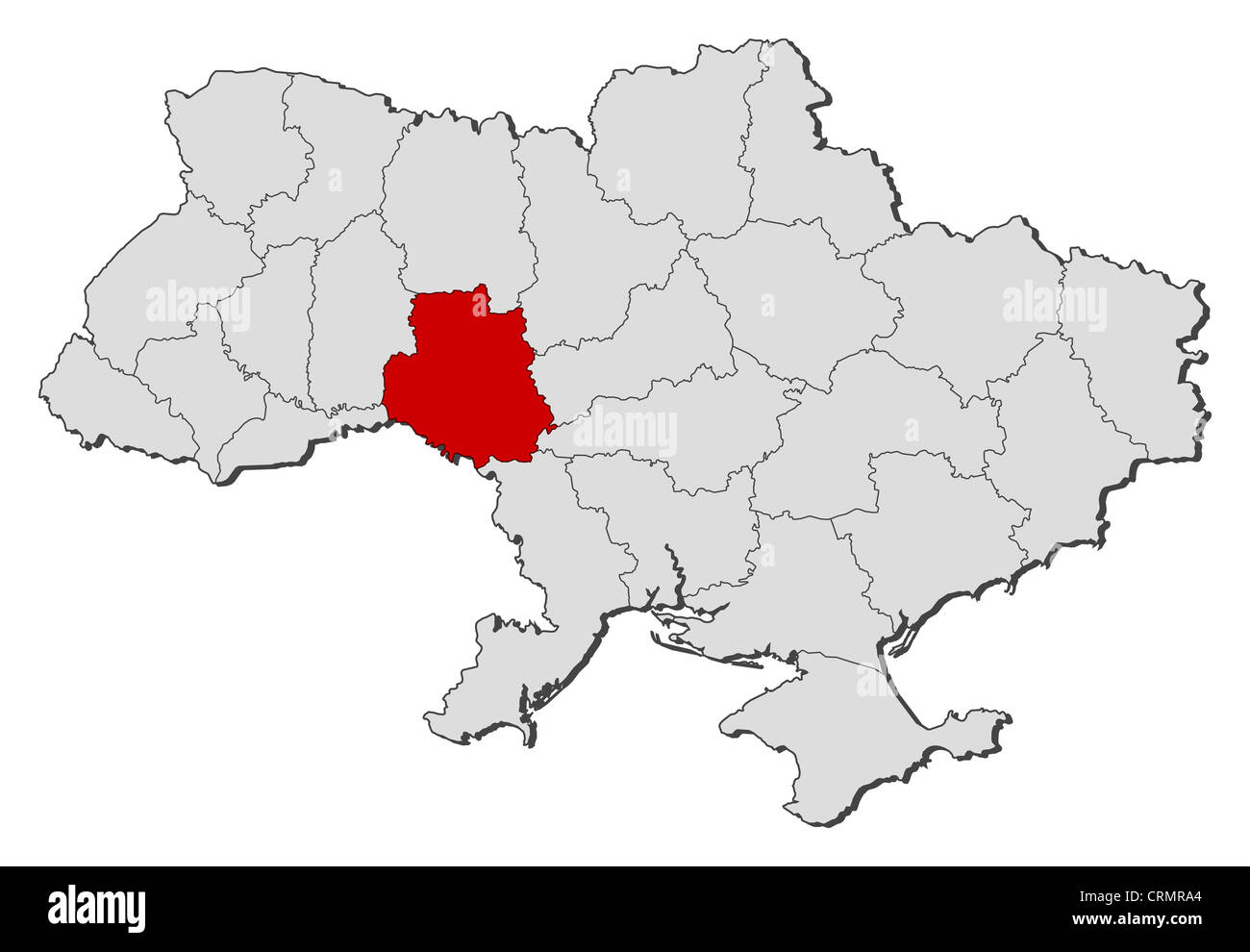 Political map of Ukraine with the several oblasts where Vinnytsia is highlighted. Stock Photo