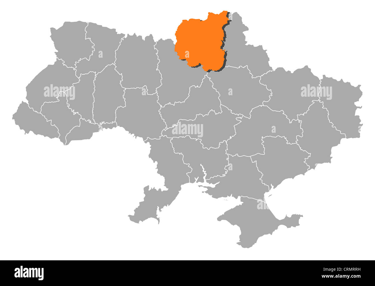 Political map of Ukraine with the several oblasts where Chernihiv is highlighted. Stock Photo