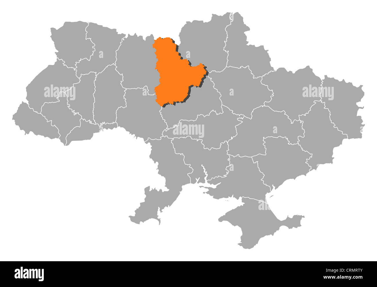 Political map of Ukraine with the several oblasts where Kiev is highlighted. Stock Photo