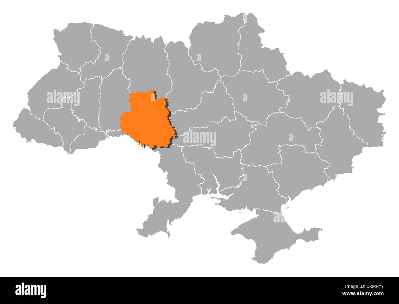 Political map of Ukraine with the several oblasts where Vinnytsia is highlighted. Stock Photo