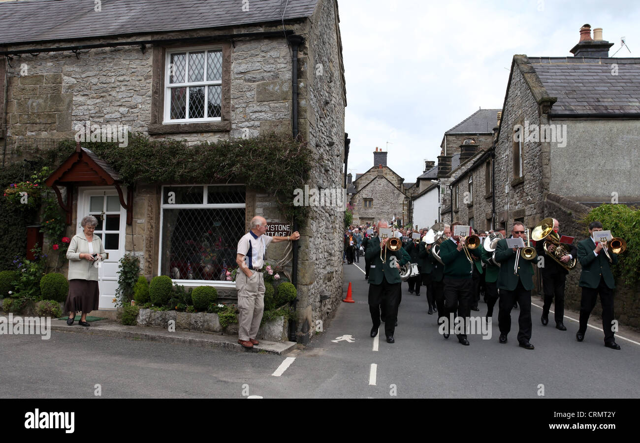 Youlgreave Village Band Marching Through the Village Stock Photo