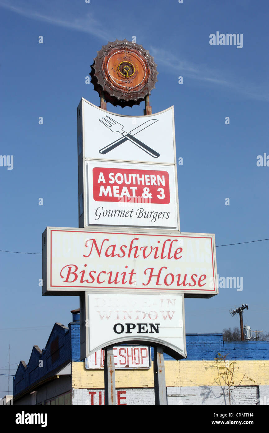 Sign for the Nashville Biscuit House, a "meat and three" restaurant on