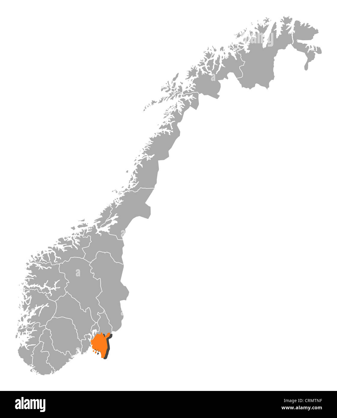 Political map of Norway with the several counties where Østfold is highlighted. Stock Photo