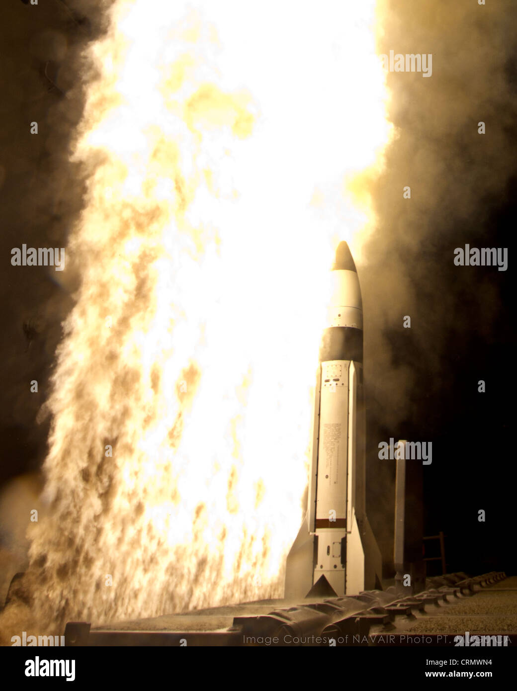 A Standard Missile - 3 (SM-3) Block IB interceptor is launched from the USS Lake Erie (CG 70) during a Missile Defense Agency test in the mid-Pacific. The SM-3 Block IB successfully intercepted a separating ballistic missile target that had been launched from the Pacific Missile Range Facility, Barking Sands, Kauai, Hawaii. The Lake Erie's crew detected and tracked the target and its weapons system developed a fire control solution. The crew then launched the SM-3, with the intercept occurring a few minutes later. Stock Photo