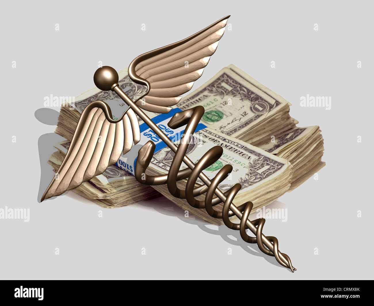 Caduceus resting on a stack of dollar bills Stock Photo