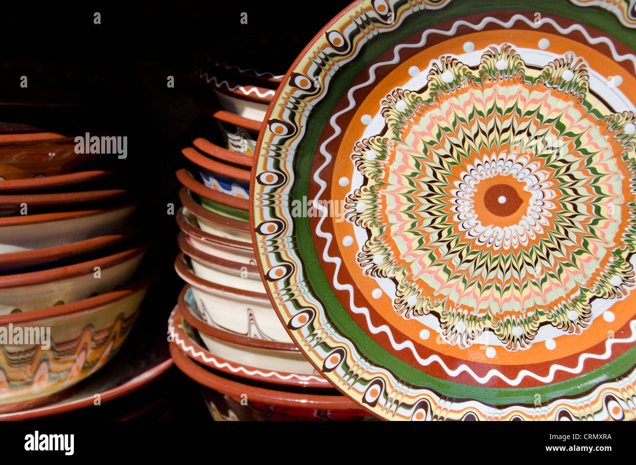 Bulgaria, Nessebur (aka Nessebar or Nesebar). Traditional Bulgarian handicraft pottery with typical colorful pattern. Stock Photo