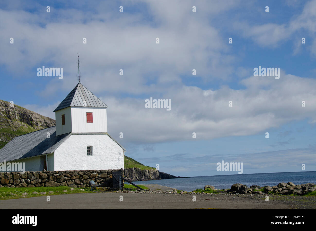 Kingdom of Denmark, Faroe Islands. Historic medieval church of Kirkjubour, dedicated to the Virgin Mary & St. Olav, c. 1111. Stock Photo