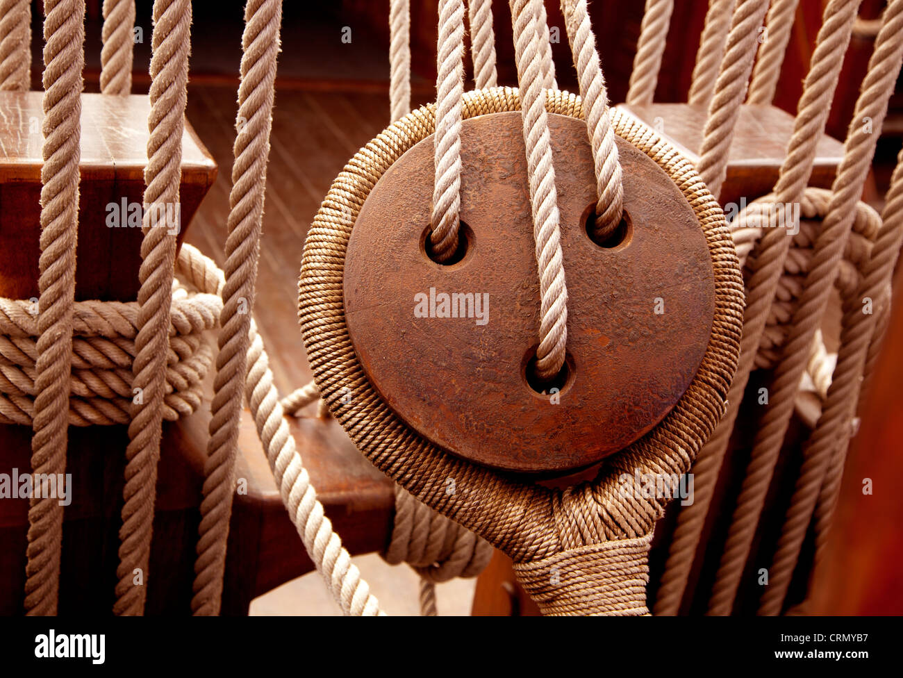 Ancient wooden sailboat pulleys and ropes detail Stock Photo Alamy