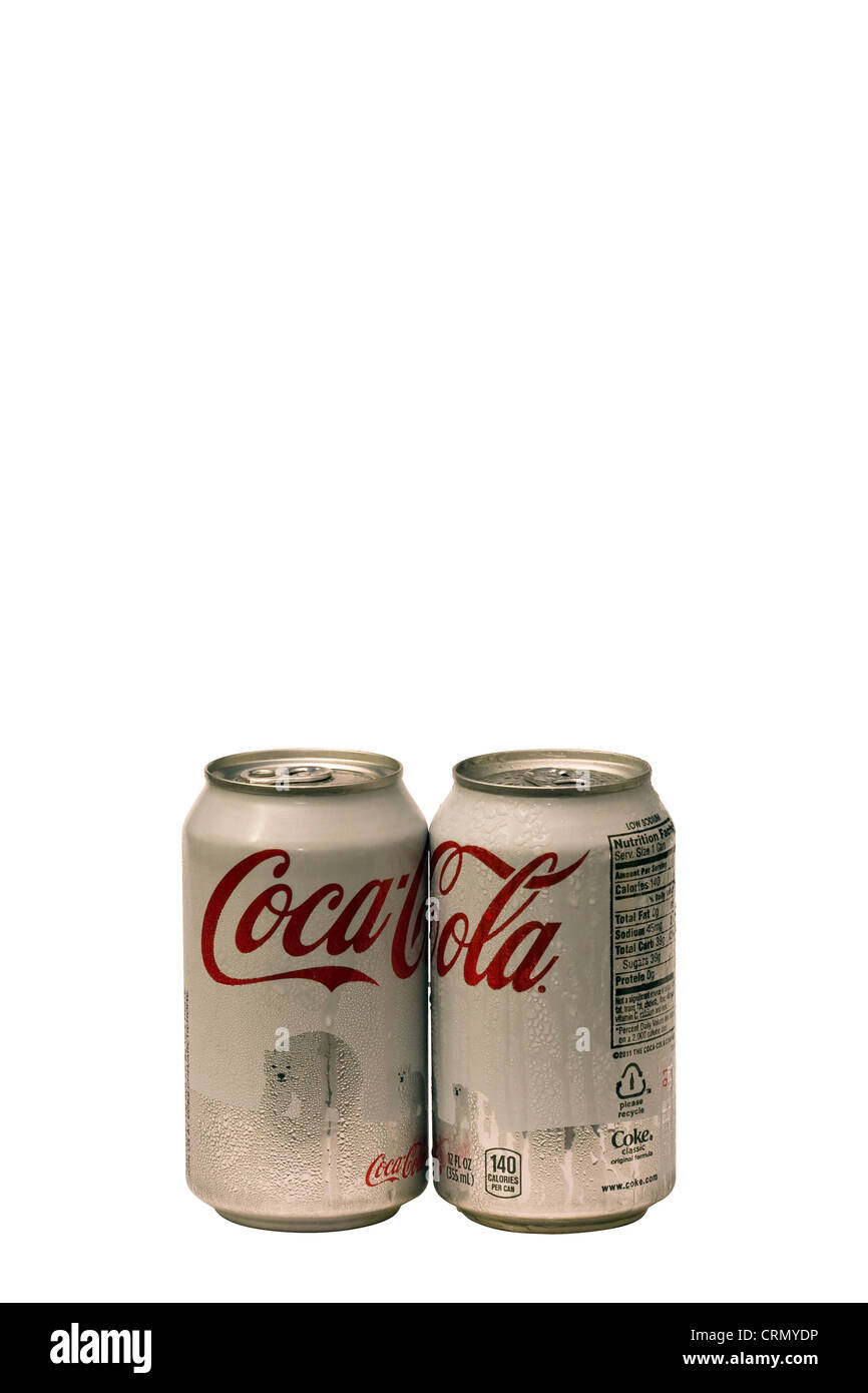 Cut Out. Two 12oz White Coca-Cola Cans with Polar Bears and condensation on white background. Stock Photo