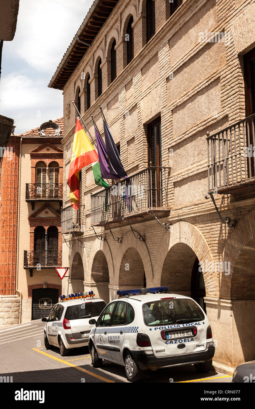 Police Building with Police Cars and flags, Cazorla, Jaén, Spain. Stock Photo