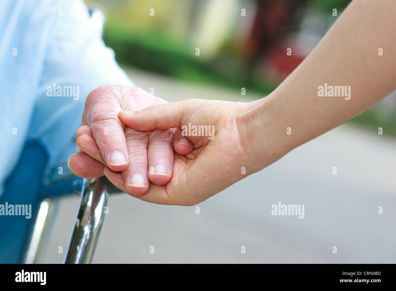 Senior women in wheelchair holding hands with caretaker Stock Photo