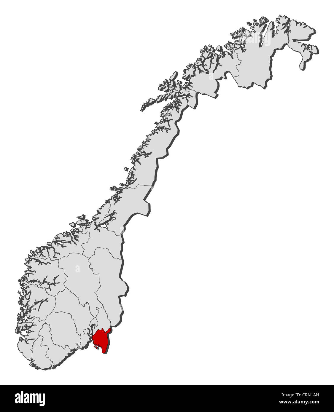 Political map of Norway with the several counties where Østfold is highlighted. Stock Photo