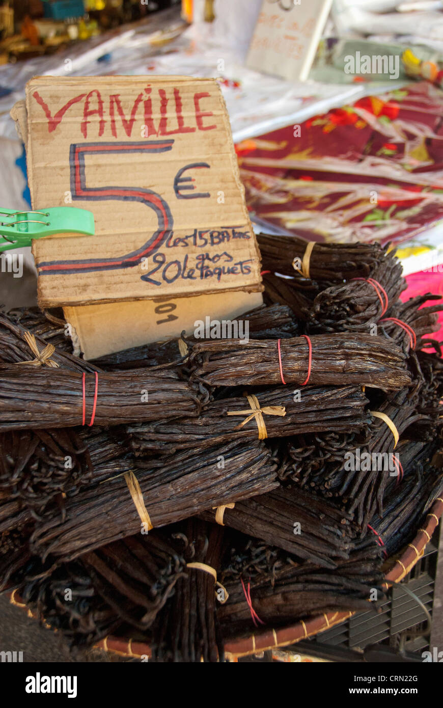 French Overseas territory (aka Francais d'Outre Mer), Reunion Island. St. Pierre, local covered market Fresh island vanilla. Stock Photo