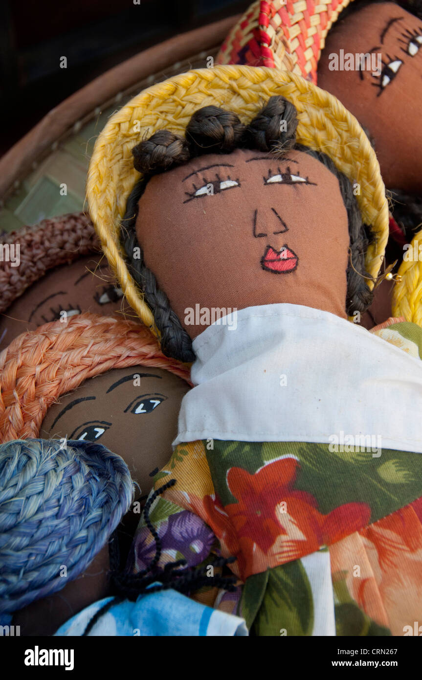 French Overseas territory (aka Francais d'Outre Mer), Reunion Island. St. Pierre, local covered market Hand made textile dolls. Stock Photo