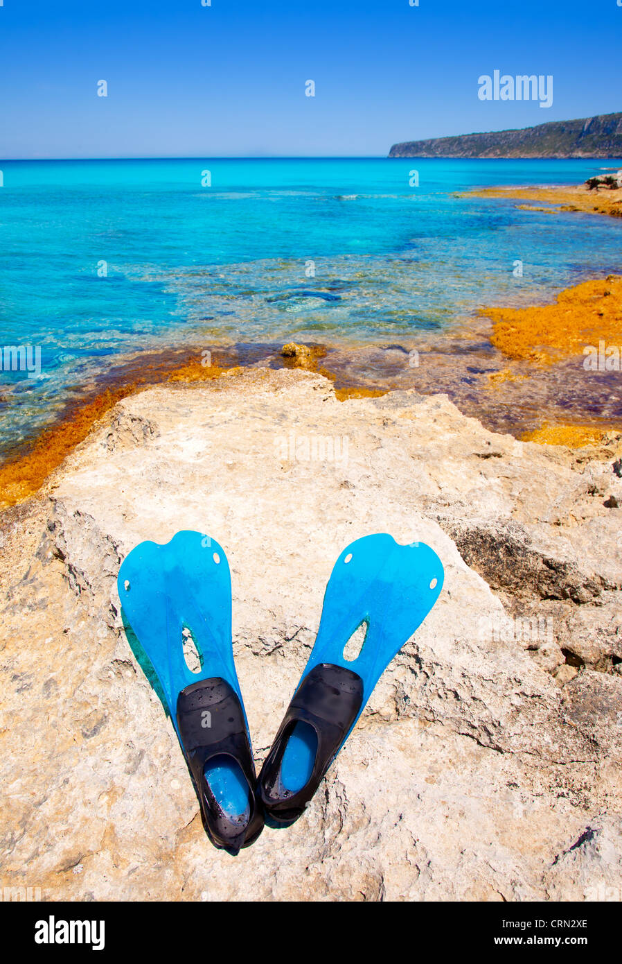 Balearic Formentera island with scuba diving blue fins on a rock Stock
