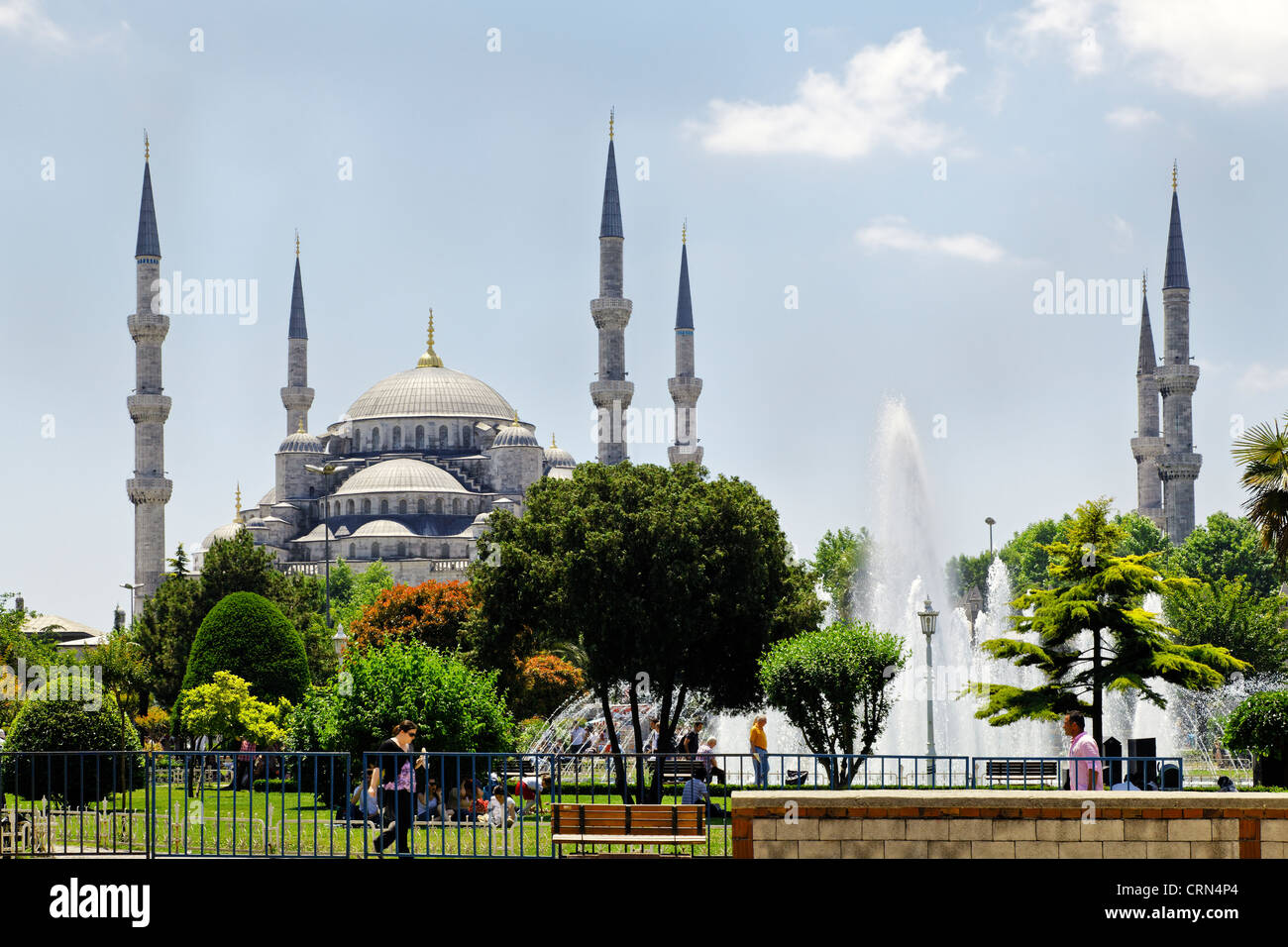 Landscape of the gardens, fountains and park lands of the Blue Mosque at Istanbul, Turkey Stock Photo