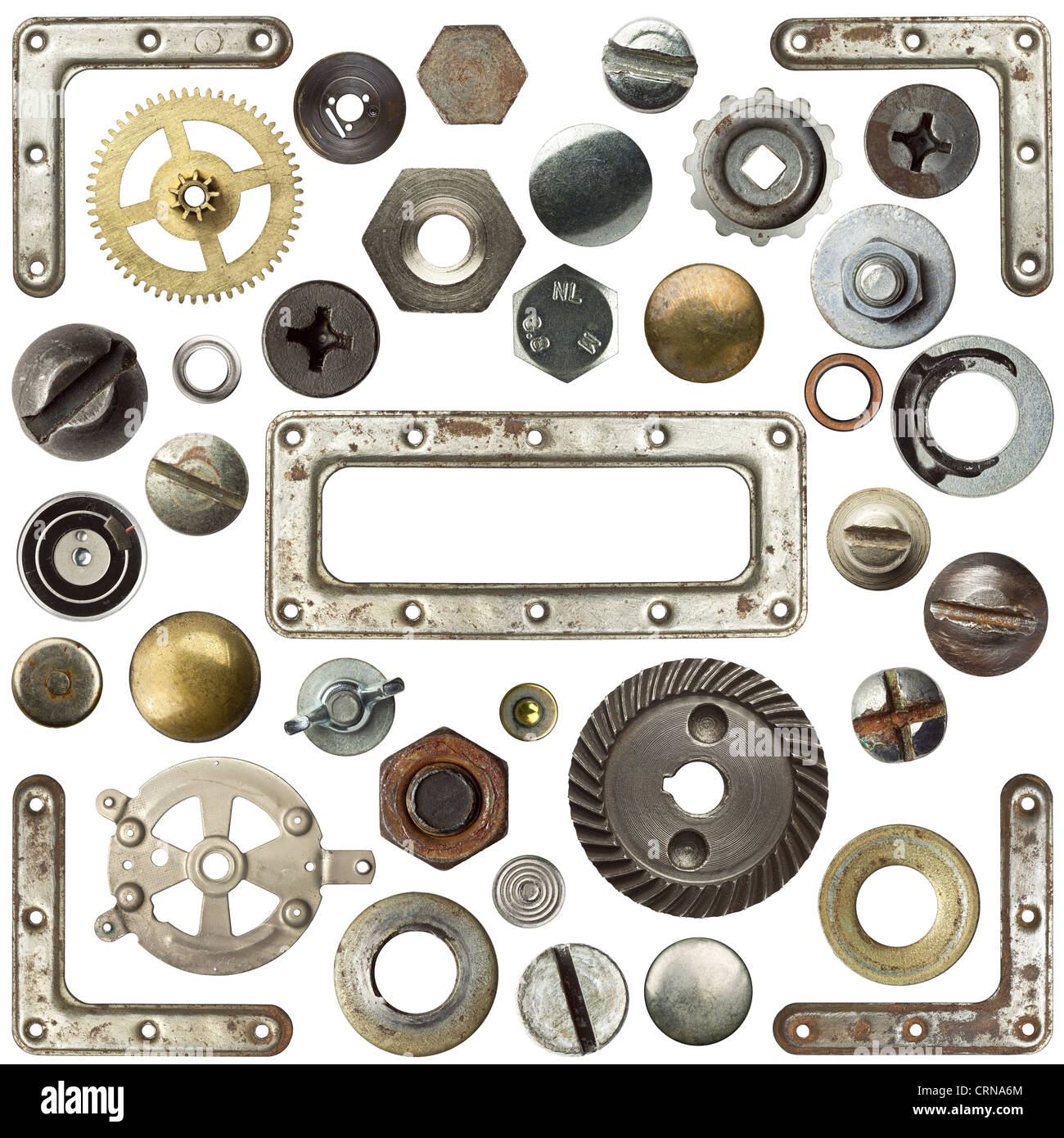 Screw heads, frames and other metal details Stock Photo